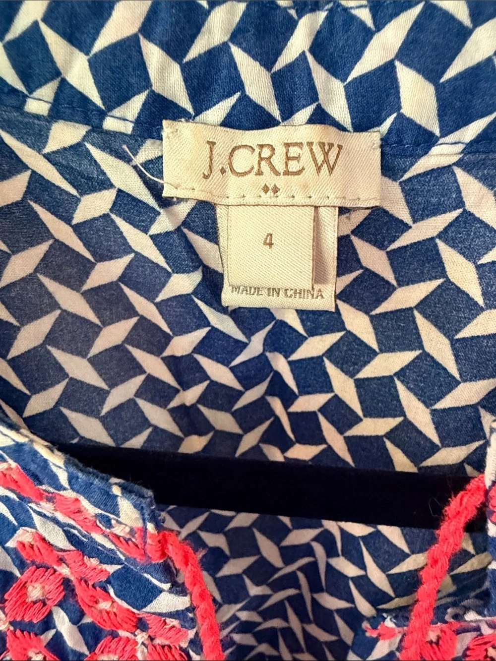 J. Crew Blue Geo-Print Sleeveless Top with Coral Embroidery